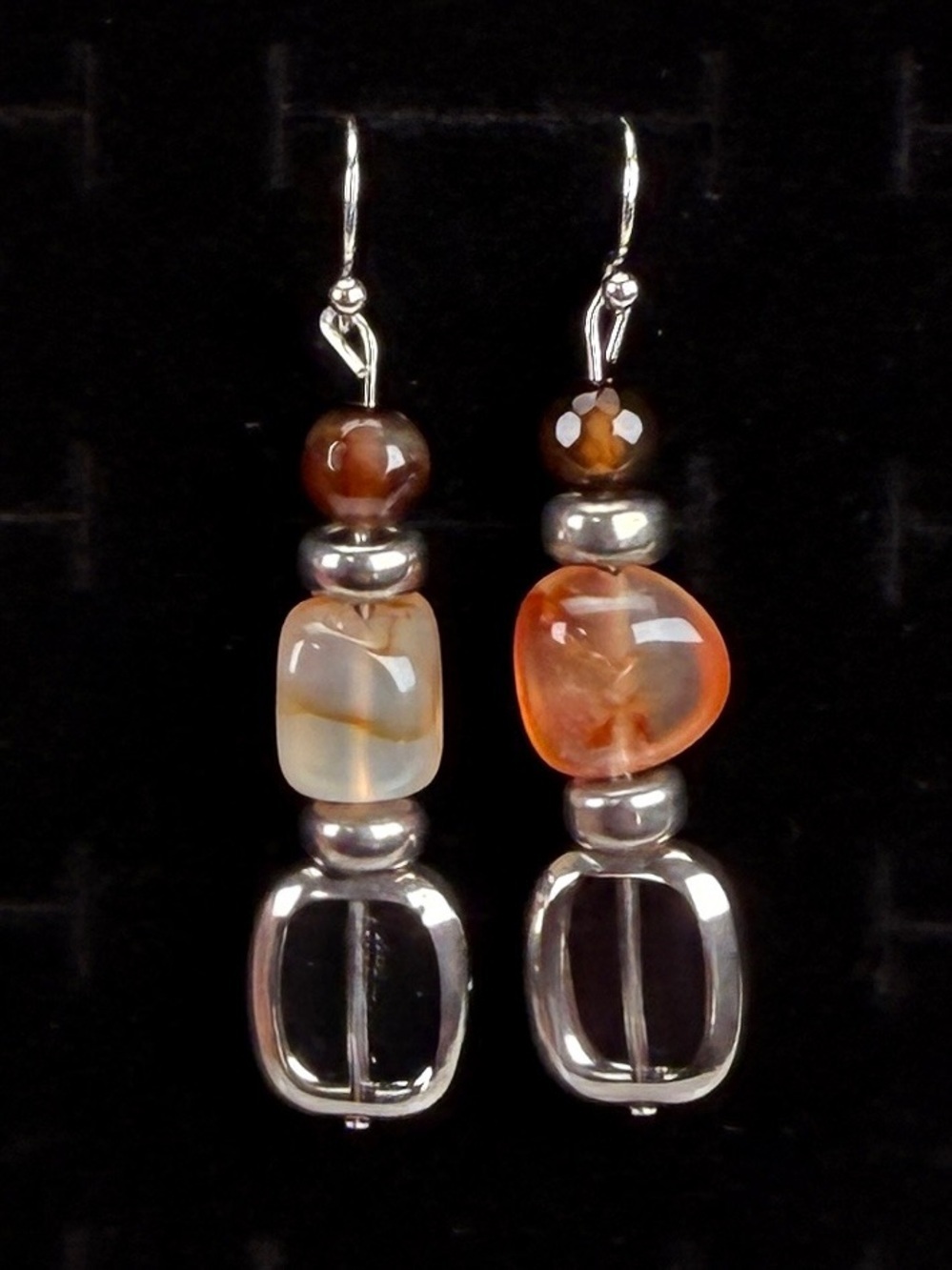 Silvertone and Brown Dangle Earrings with Intricate Design